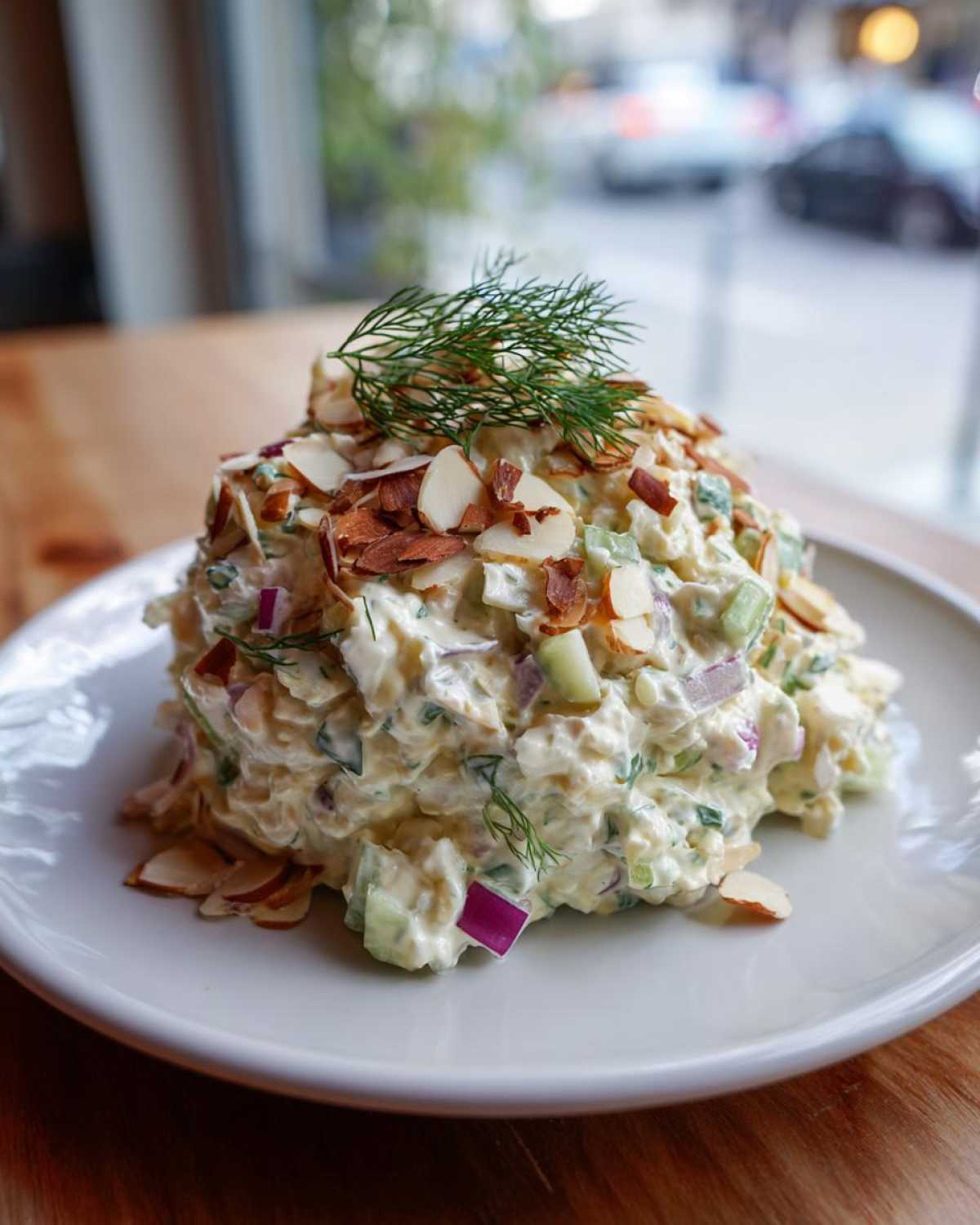 A mound of creamy Baked Marinated Chicken Salad mixed with celery and red onion, topped with sliced almonds and fresh dill.