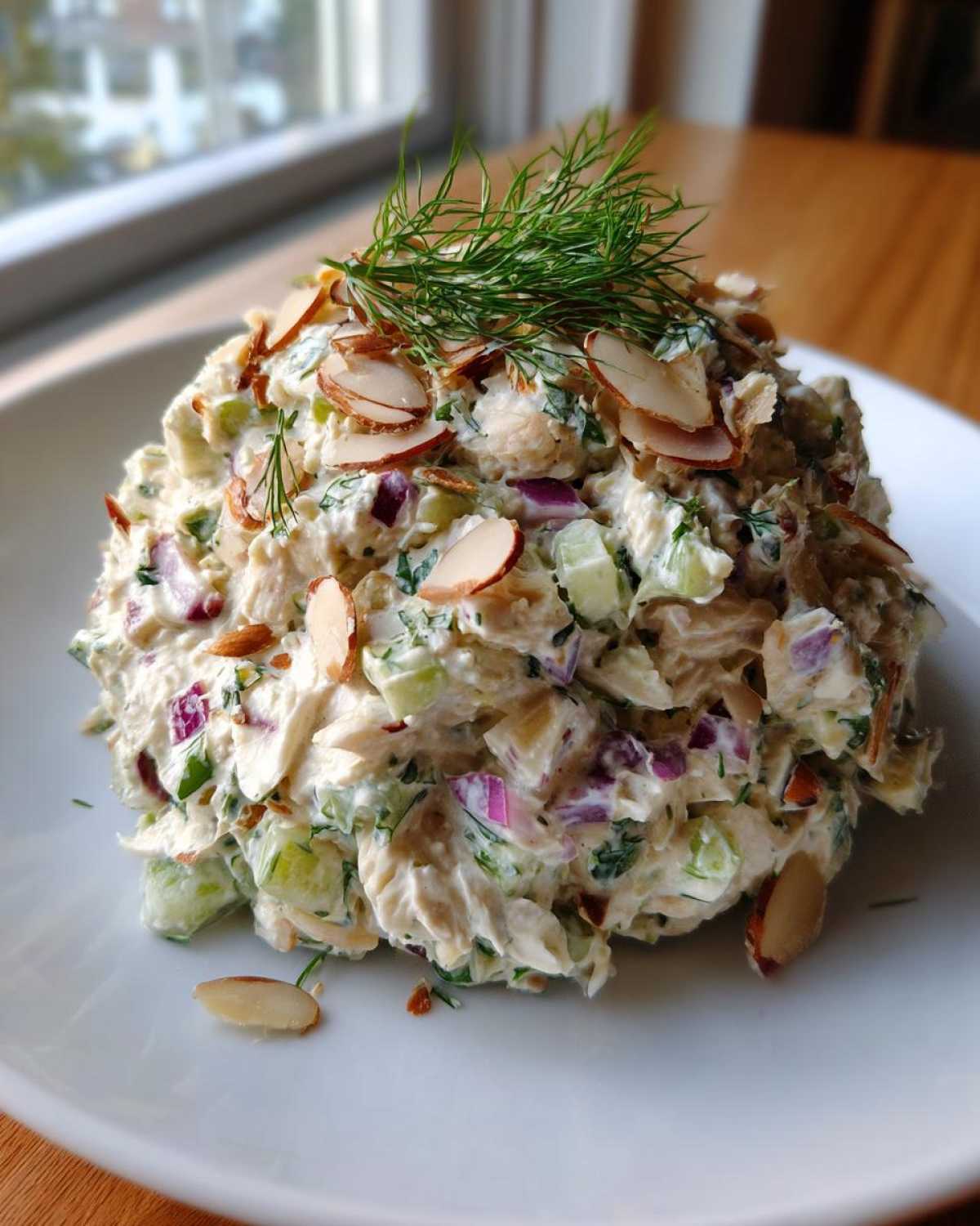 A scoop of creamy Baked Marinated Chicken Salad mixed with celery and red onion, topped with sliced almonds and fresh dill.