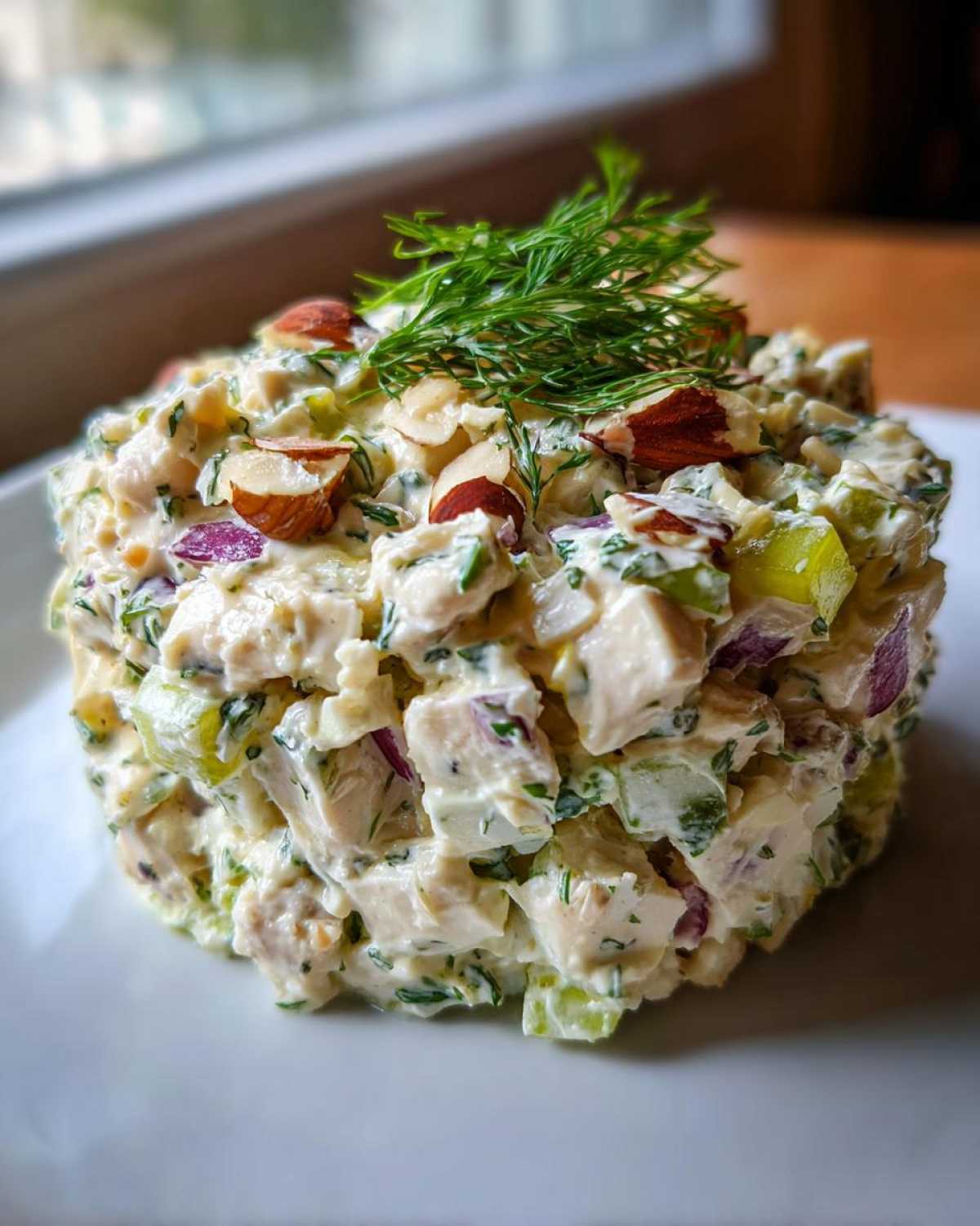 A mound of creamy Baked Marinated Chicken Salad, topped with sliced almonds and fresh dill, served on a white plate.