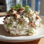 A scoop of creamy Baked Marinated Chicken Salad topped with whole almonds and fresh dill.