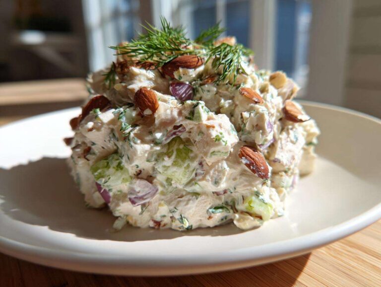 A scoop of creamy Baked Marinated Chicken Salad topped with whole almonds and fresh dill.