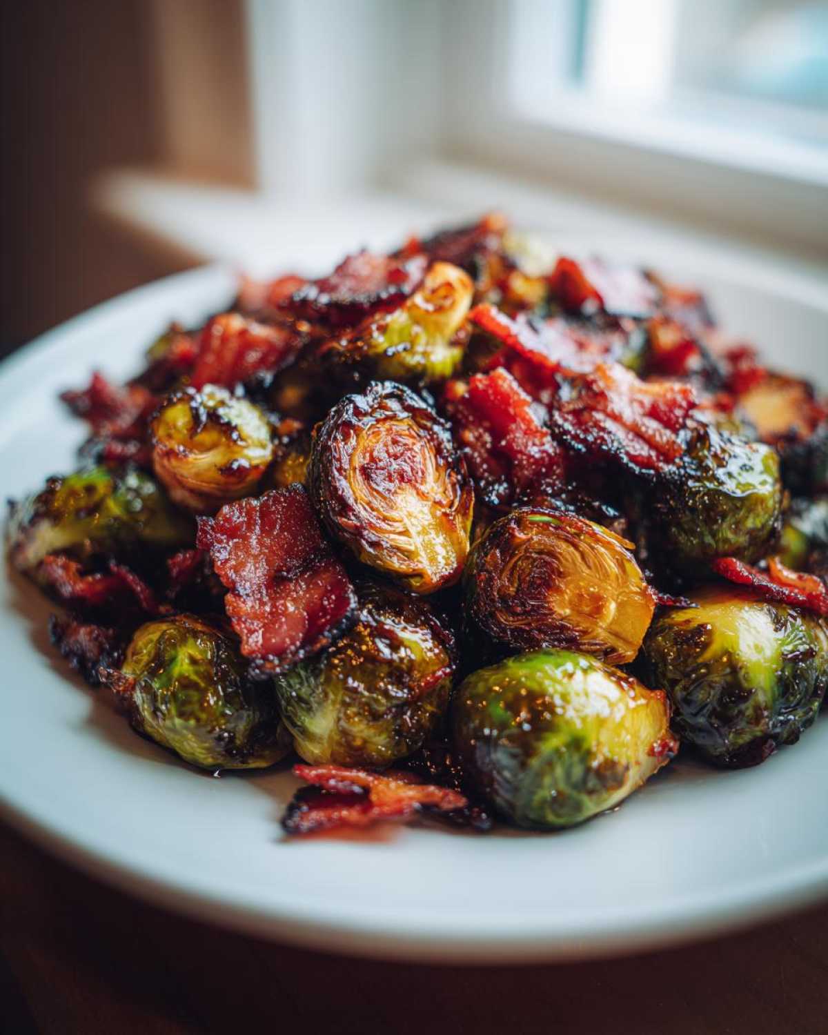 Close-up of perfectly roasted Balsamic Glazed Brussels Sprouts with Bacon piled high on a white plate.