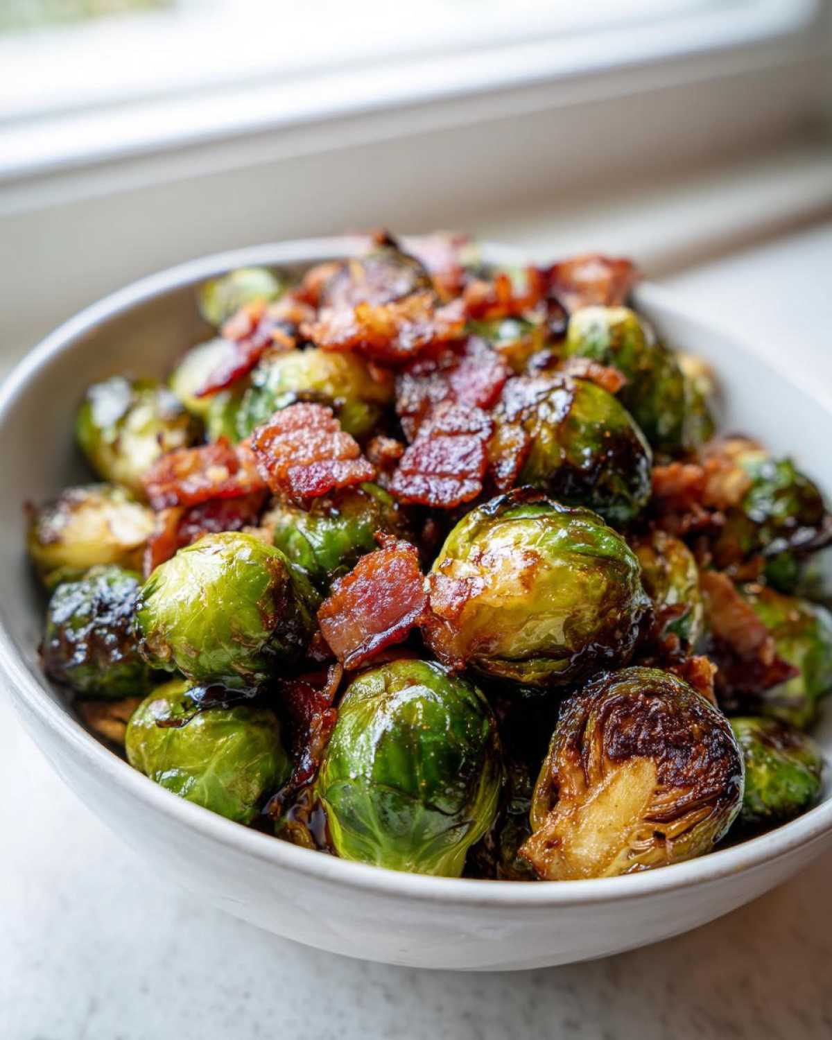 Close-up of roasted Balsamic Glazed Brussels Sprouts with Bacon served in a white bowl.