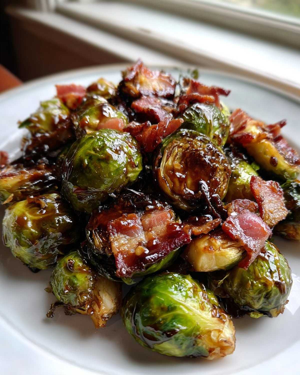 Close-up of glossy Balsamic Glazed Brussels Sprouts with Bacon piled on a white plate.