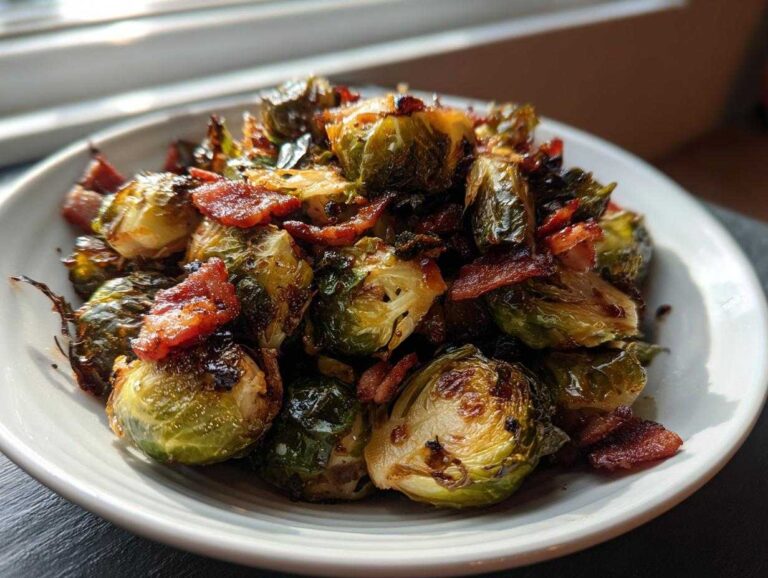 A close-up of roasted Balsamic Glazed Brussels Sprouts with Bacon served in a white bowl.