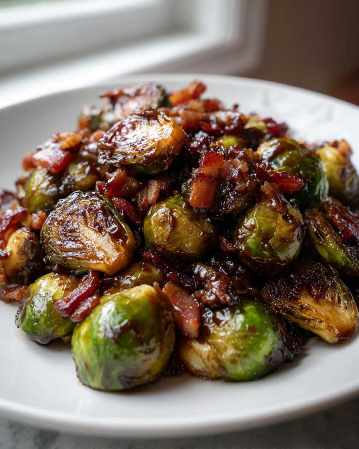 Close-up of roasted Brussels sprouts coated in a dark, glossy sauce with crispy pieces of bacon, ready to serve.