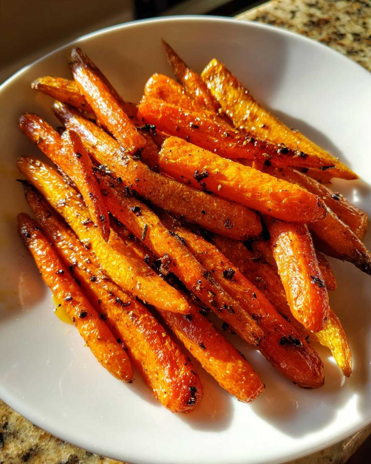 A bowl filled with beautifully glazed and seasoned Balsamic Roasted Carrots, glistening under bright light.