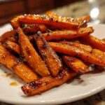 Close-up of glossy, caramelized Balsamic Roasted Carrots piled on a white serving dish.