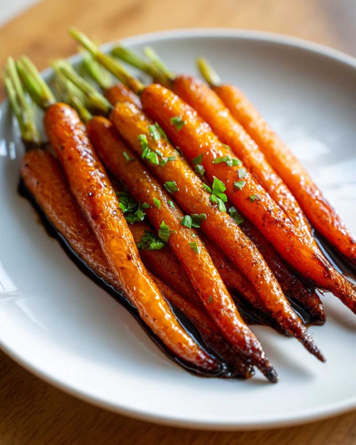 Close-up of glossy, glazed Balsamic Roasted Carrots served on a white plate, garnished with fresh herbs.