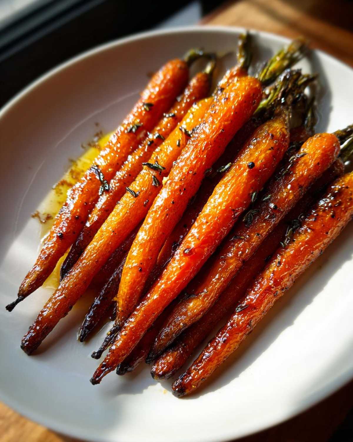 A close-up of shiny, glazed Balsamic Roasted Carrots sprinkled with herbs on a white plate.