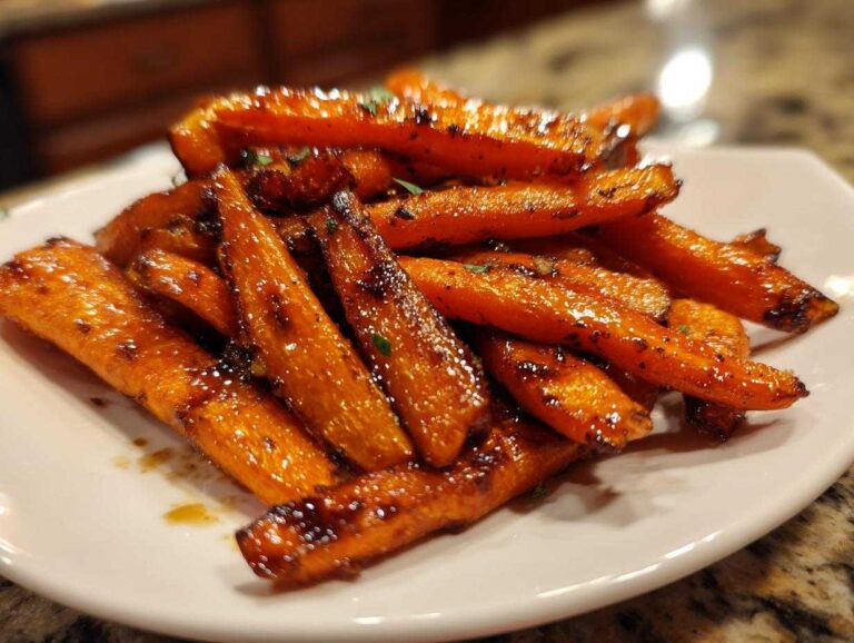 Close-up of glossy, caramelized Balsamic Roasted Carrots piled on a white serving dish.