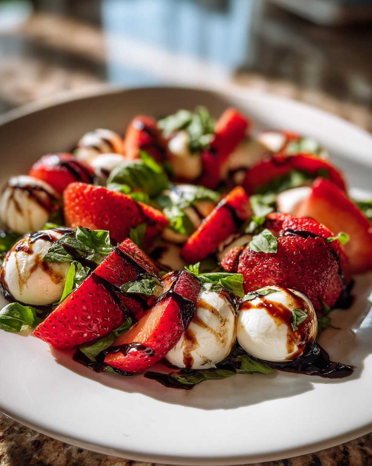 Close-up of a vibrant Balsamic Strawberry Caprese Salad featuring mozzarella balls, sliced strawberries, and basil drizzled with balsamic glaze.