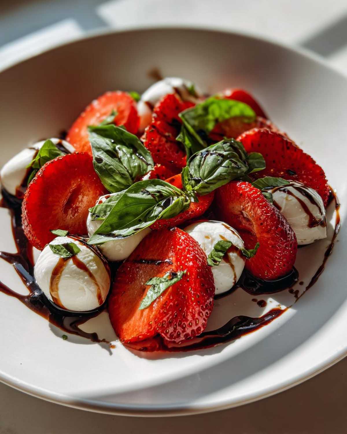 A vibrant close-up of Balsamic Strawberry Caprese Salad featuring sliced strawberries, mozzarella balls, and basil drizzled with balsamic glaze.