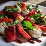 A vibrant plate featuring the Balsamic Strawberry Caprese Salad with fresh strawberries, mozzarella balls, and basil drizzled with balsamic glaze.