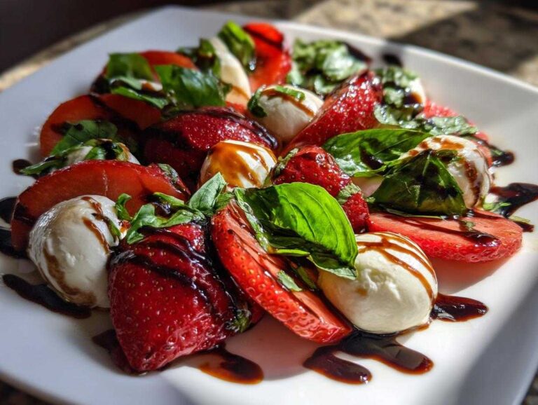 A vibrant plate featuring the Balsamic Strawberry Caprese Salad with fresh strawberries, mozzarella balls, and basil drizzled with balsamic glaze.
