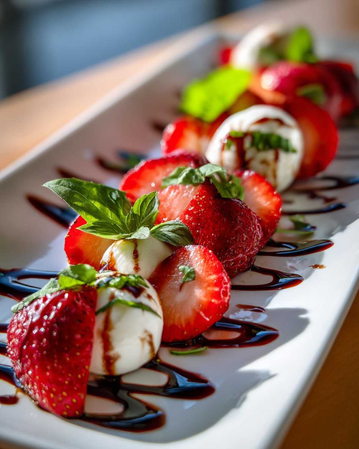 Close-up of Balsamic Strawberry Caprese Salad featuring sliced strawberries, mozzarella balls, and basil drizzled with balsamic glaze.