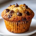 Close-up of a golden-brown banana chocolate chip muffin topped with melted chocolate chips.
