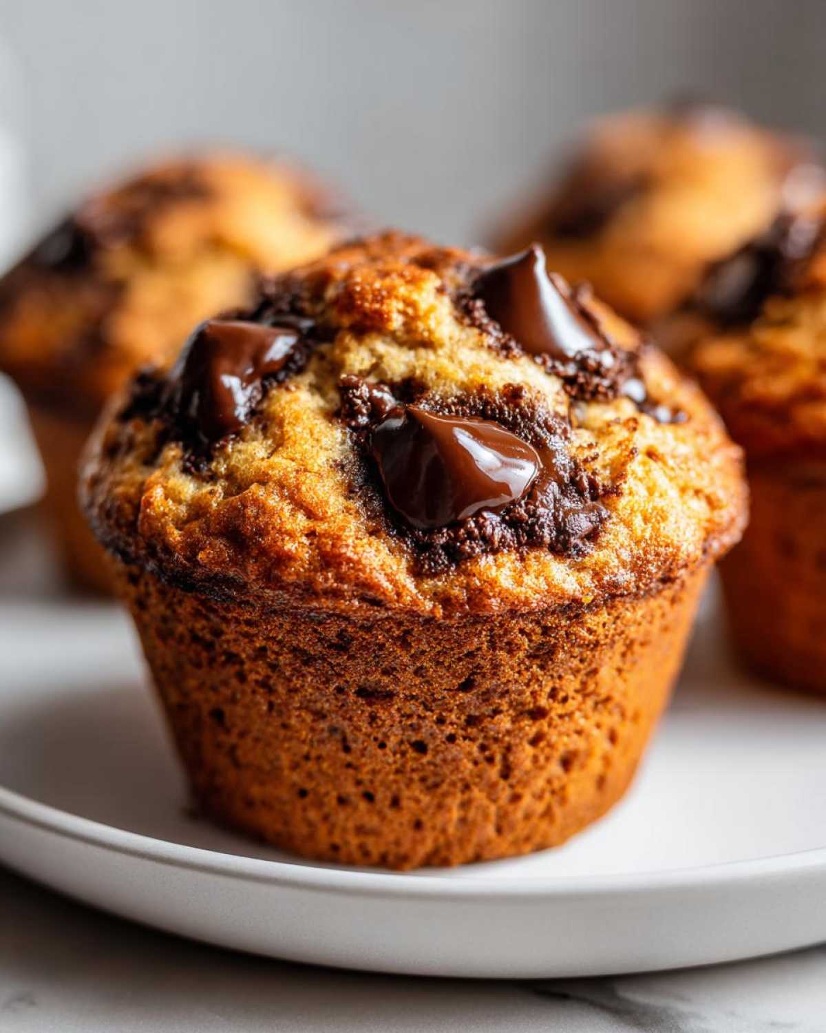 Close-up of a perfectly baked banana chocolate chip muffin topped with glossy, melted chocolate chips.