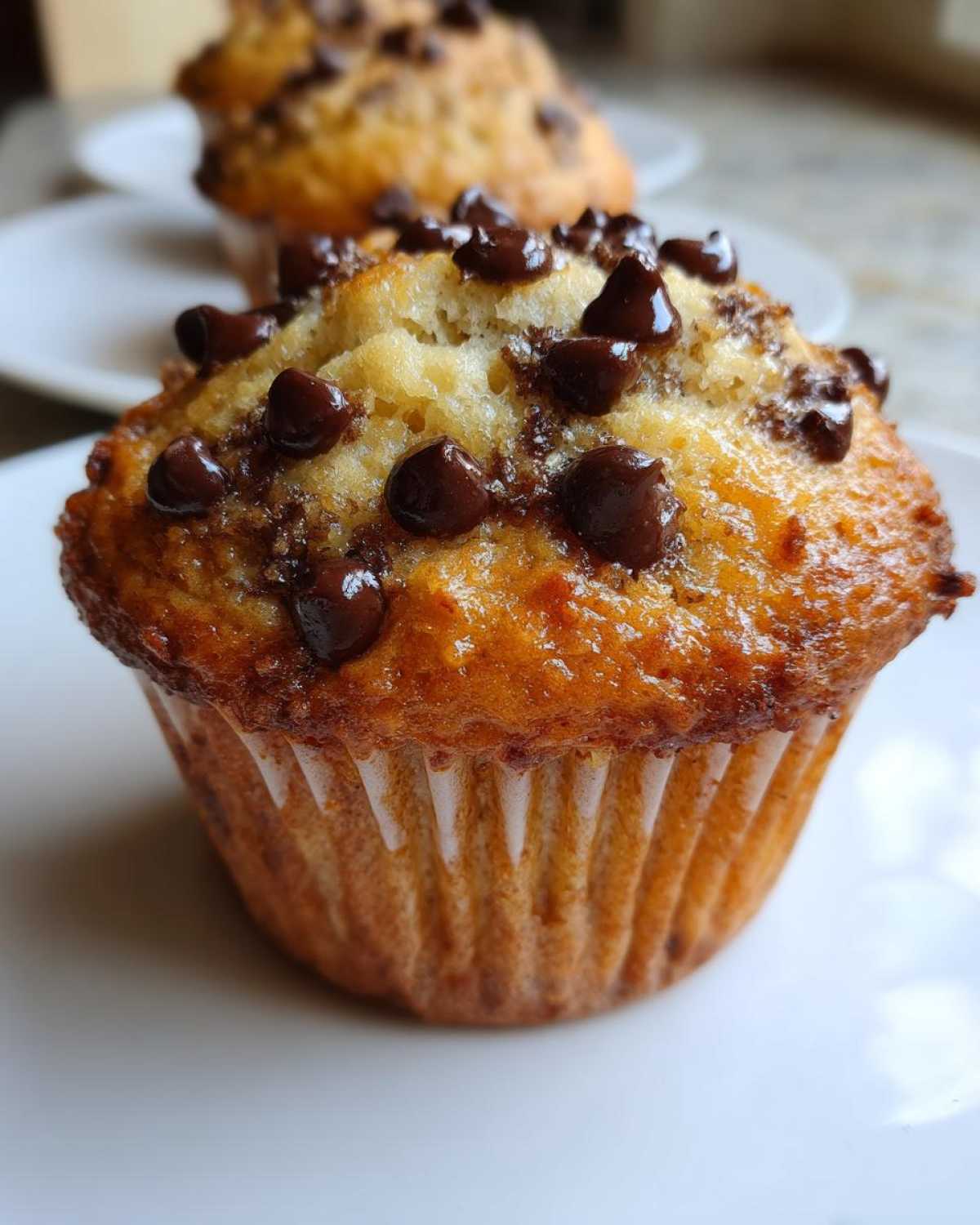 A close-up of a freshly baked banana chocolate chip muffin topped with melted chocolate chips on a white plate.