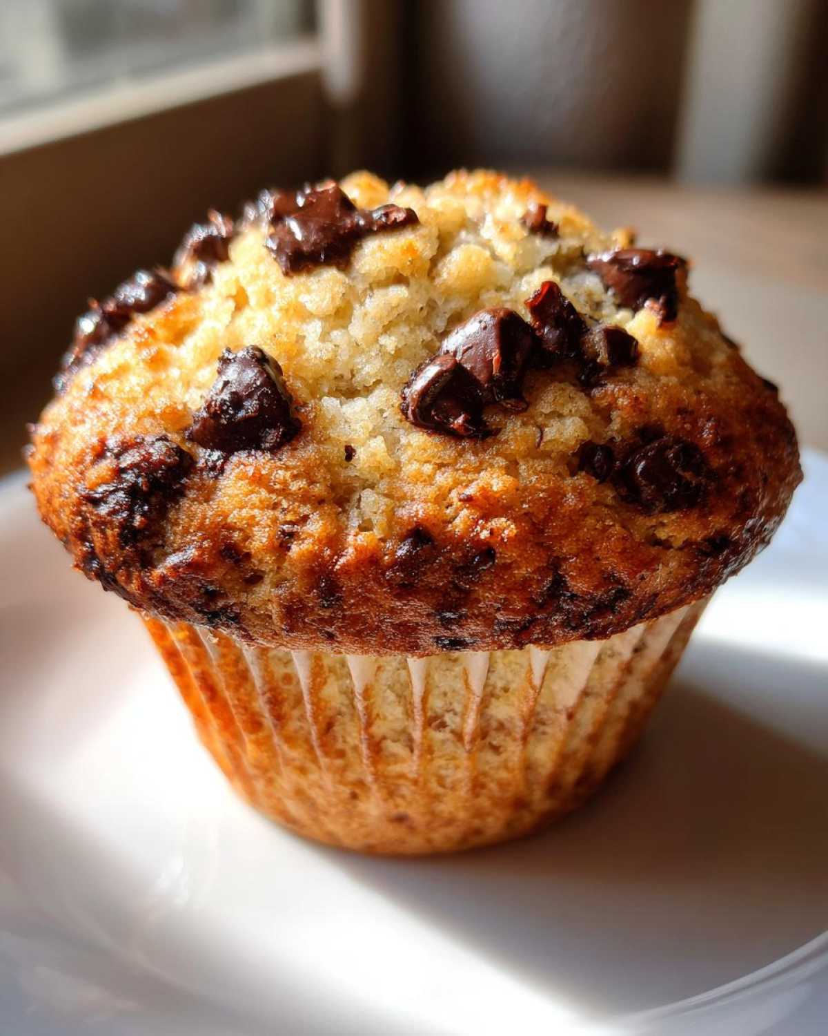 A close-up, sunlit photo of a freshly baked banana chocolate chip muffins sitting on a white plate.