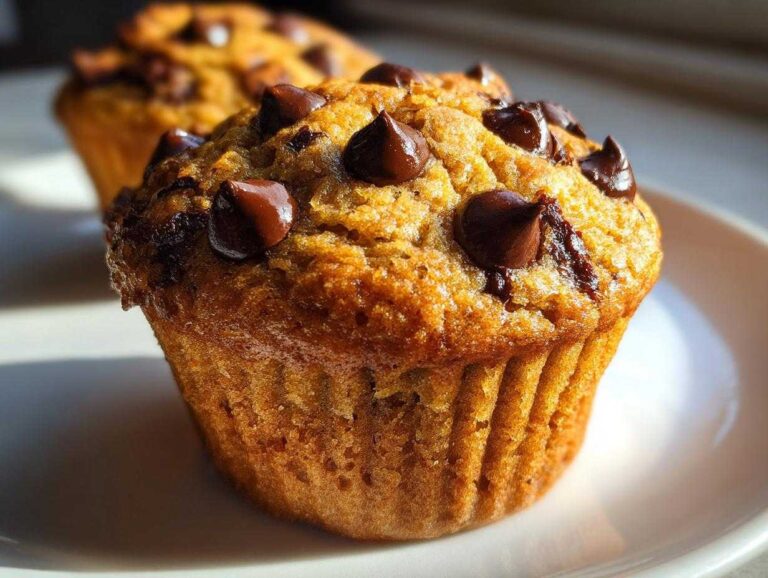 Amazing 12 banana chocolate chip muffins A close-up, sunlit shot of a freshly baked banana chocolate chip muffin topped with melted chocolate chips on a white plate.