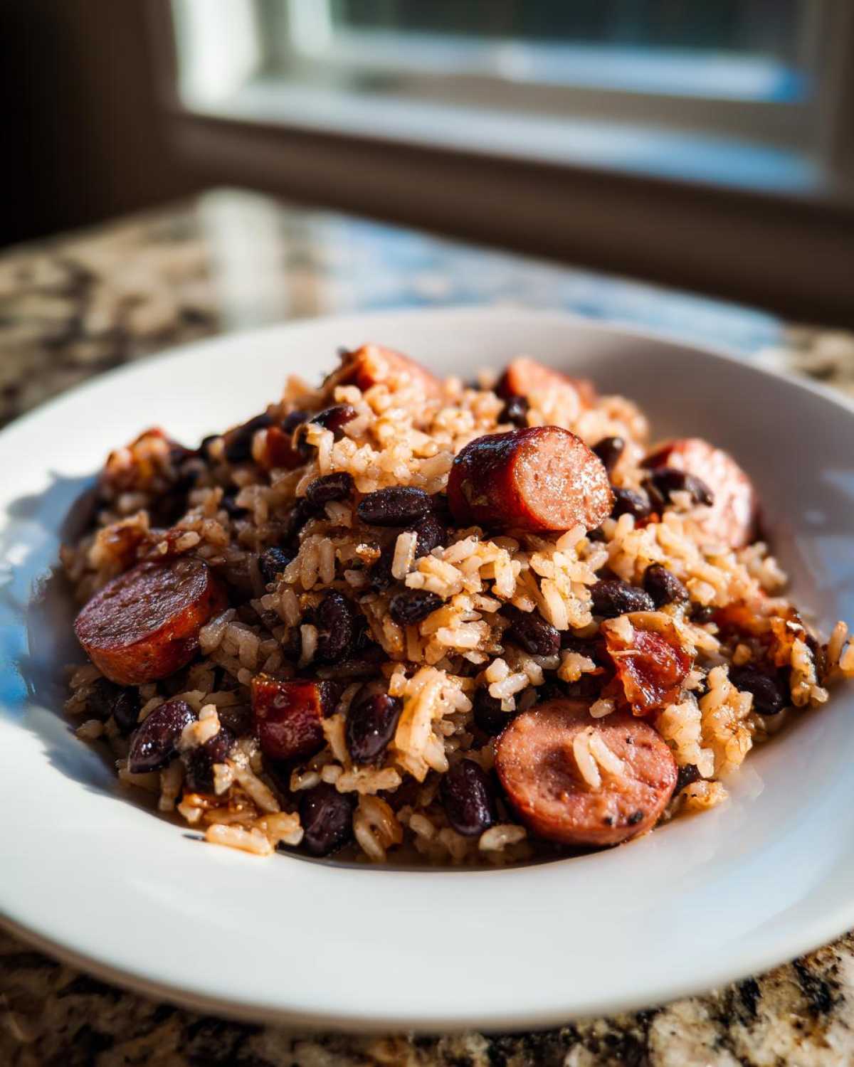 A close-up of a white bowl filled with savory beans and rice mixed with sliced, browned sausage.