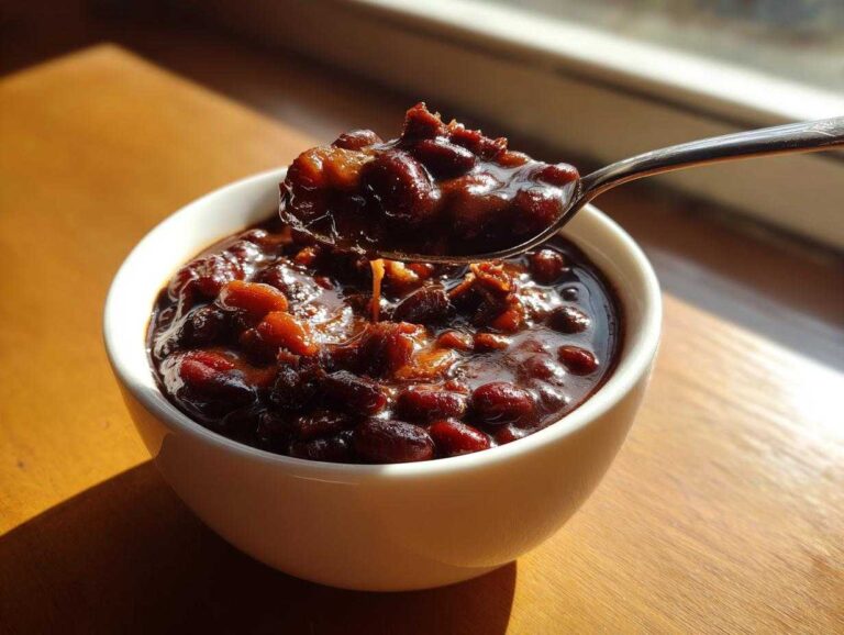 A spoonful of rich, dark sauce-covered baked beans being lifted from a white bowl, showcasing the texture of the best baked beans ever.