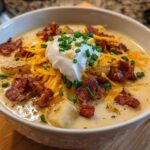 A close-up of creamy Loaded Baked Potato Soup topped with shredded cheddar, bacon bits, sour cream, and chives.