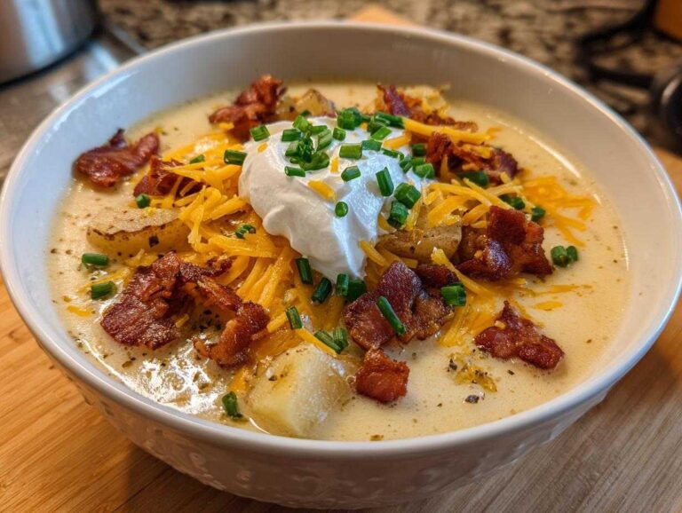 A close-up of creamy Loaded Baked Potato Soup topped with shredded cheddar, bacon bits, sour cream, and chives.