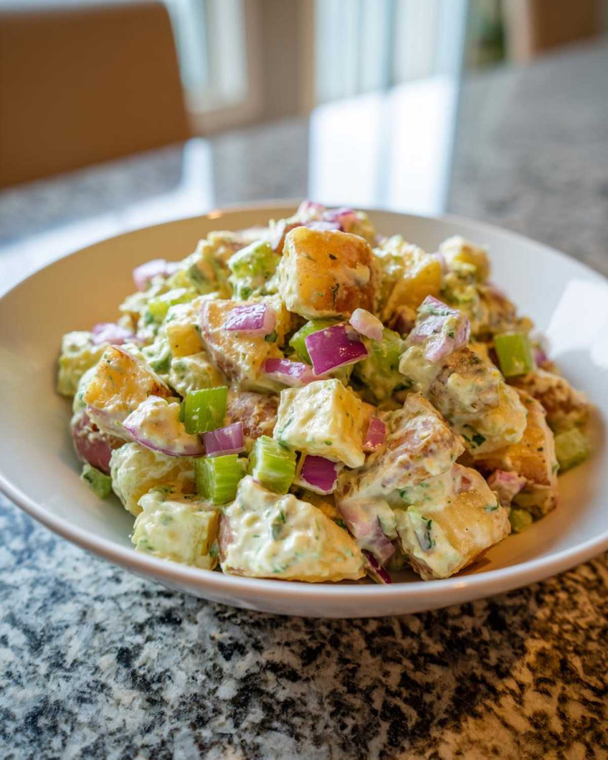 Close-up of a white bowl filled with the Best Roasted Potato Salad, mixed with creamy dressing, celery, and chunks of red onion.