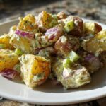 A close-up serving of the Best Roasted Potato Salad featuring roasted potatoes, red onion, and celery in a creamy dressing.