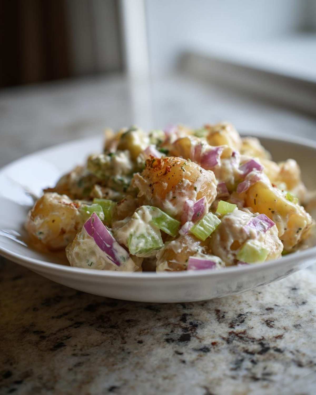 Close-up of the Best Roasted Potato Salad featuring roasted potatoes, red onion, and celery in a creamy dressing in a white bowl.