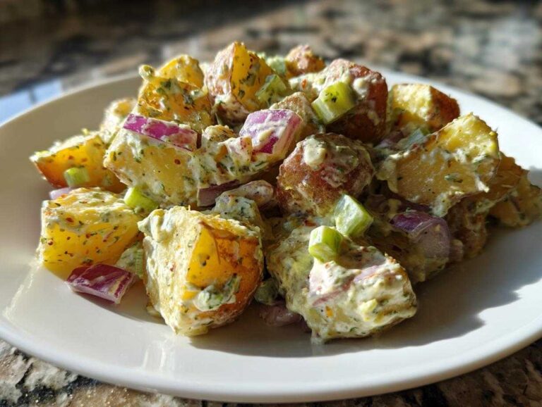 A close-up serving of the Best Roasted Potato Salad featuring roasted potatoes, red onion, and celery in a creamy dressing.