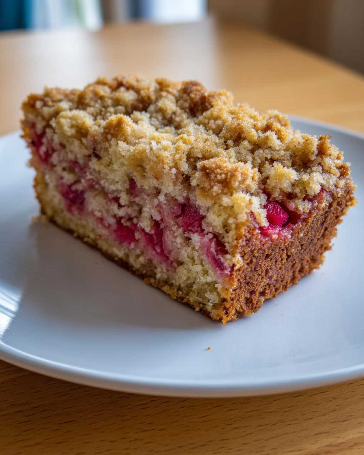 A close-up of a moist slice of Big Crumb Rhubarb Coffee Cake showing the bright pink rhubarb filling and thick, golden streusel topping.
