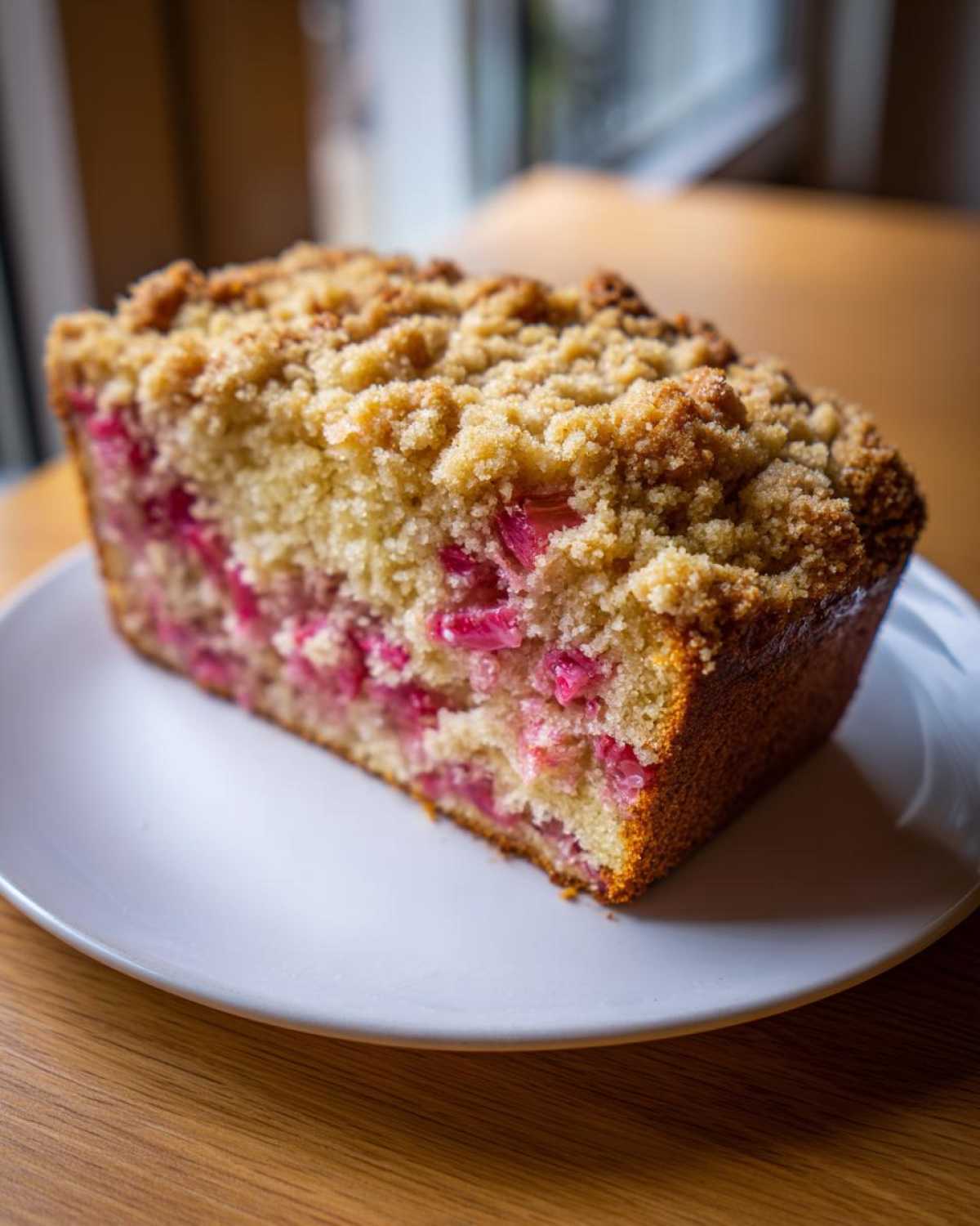 A close-up of a slice of Big Crumb Rhubarb Coffee Cake showing pink rhubarb pieces in the moist cake and a thick, golden streusel topping.