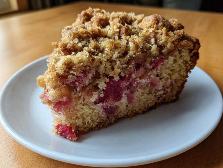 A close-up shot of a generous slice of Big Crumb Rhubarb Coffee Cake on a white plate.