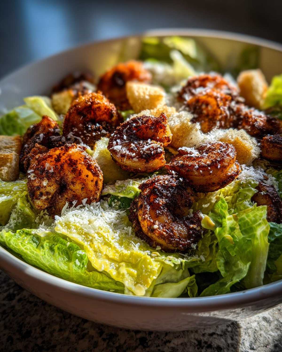 A close-up of a fresh Blackened Shrimp Caesar Salad topped with grated Parmesan cheese and croutons.