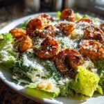 A close-up of a vibrant Blackened Shrimp Caesar Salad topped with shredded Parmesan cheese and croutons.