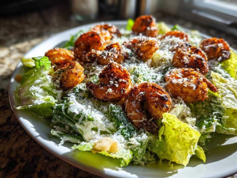 A close-up of a vibrant Blackened Shrimp Caesar Salad topped with shredded Parmesan cheese and croutons.