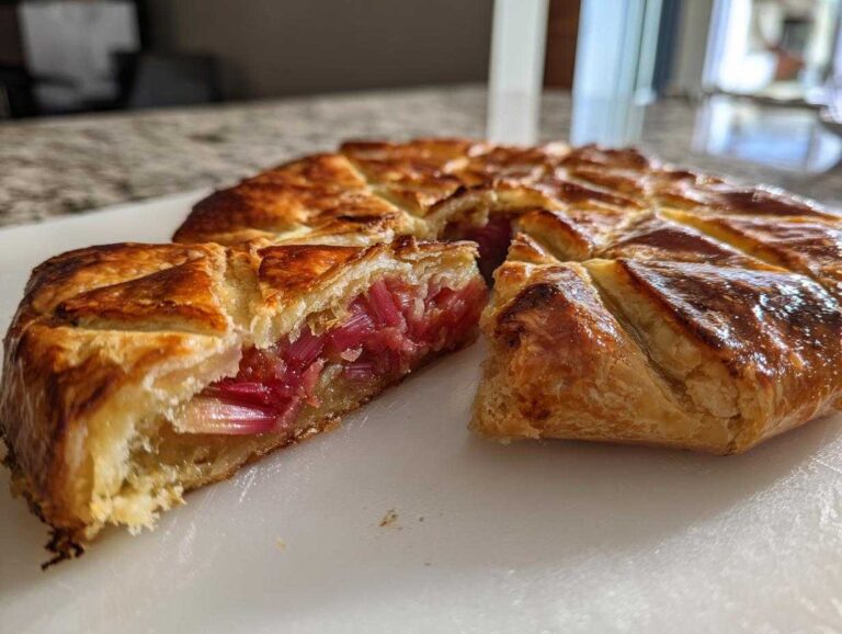 A slice cut from a golden, flaky Blood Orange and Rhubarb Geometric Galette showing the bright pink rhubarb filling.