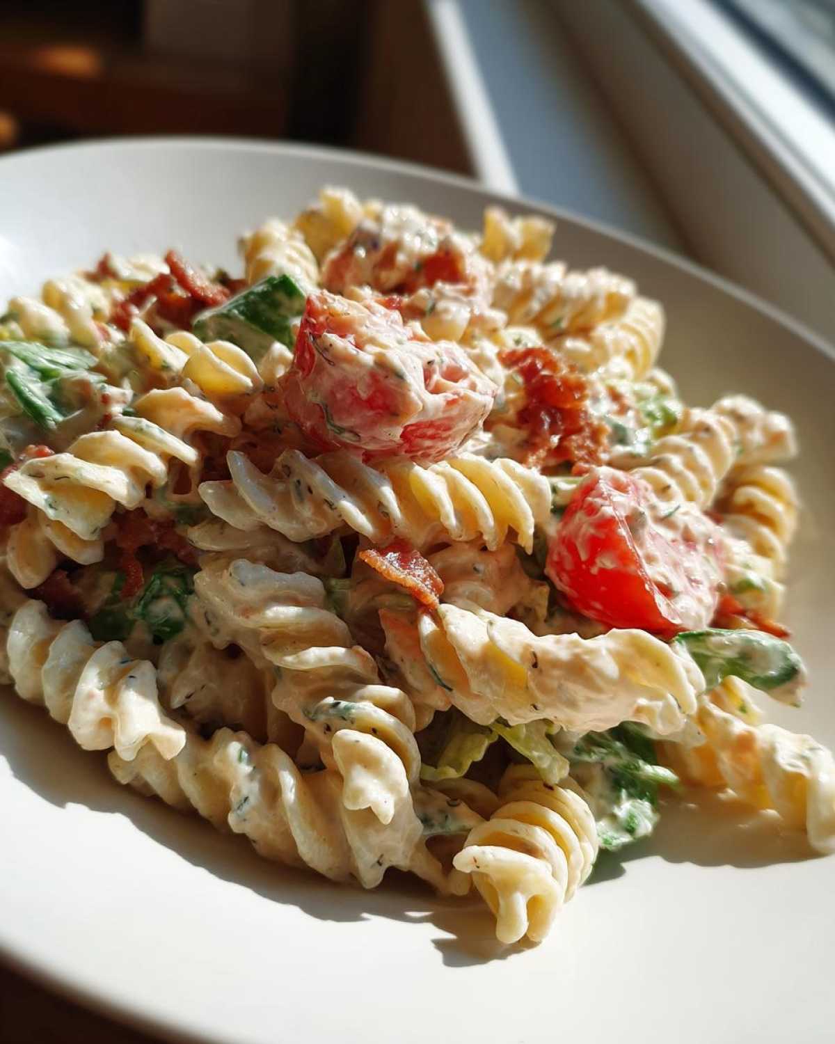 Close-up of creamy BLT Pasta Salad featuring fusilli pasta, chunks of tomato, bacon, and lettuce coated in a rich dressing.