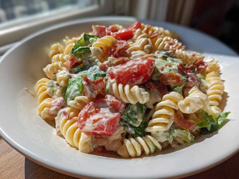 Close-up of a creamy BLT Pasta Salad featuring rotini pasta, bacon bits, tomatoes, and lettuce in a white bowl.