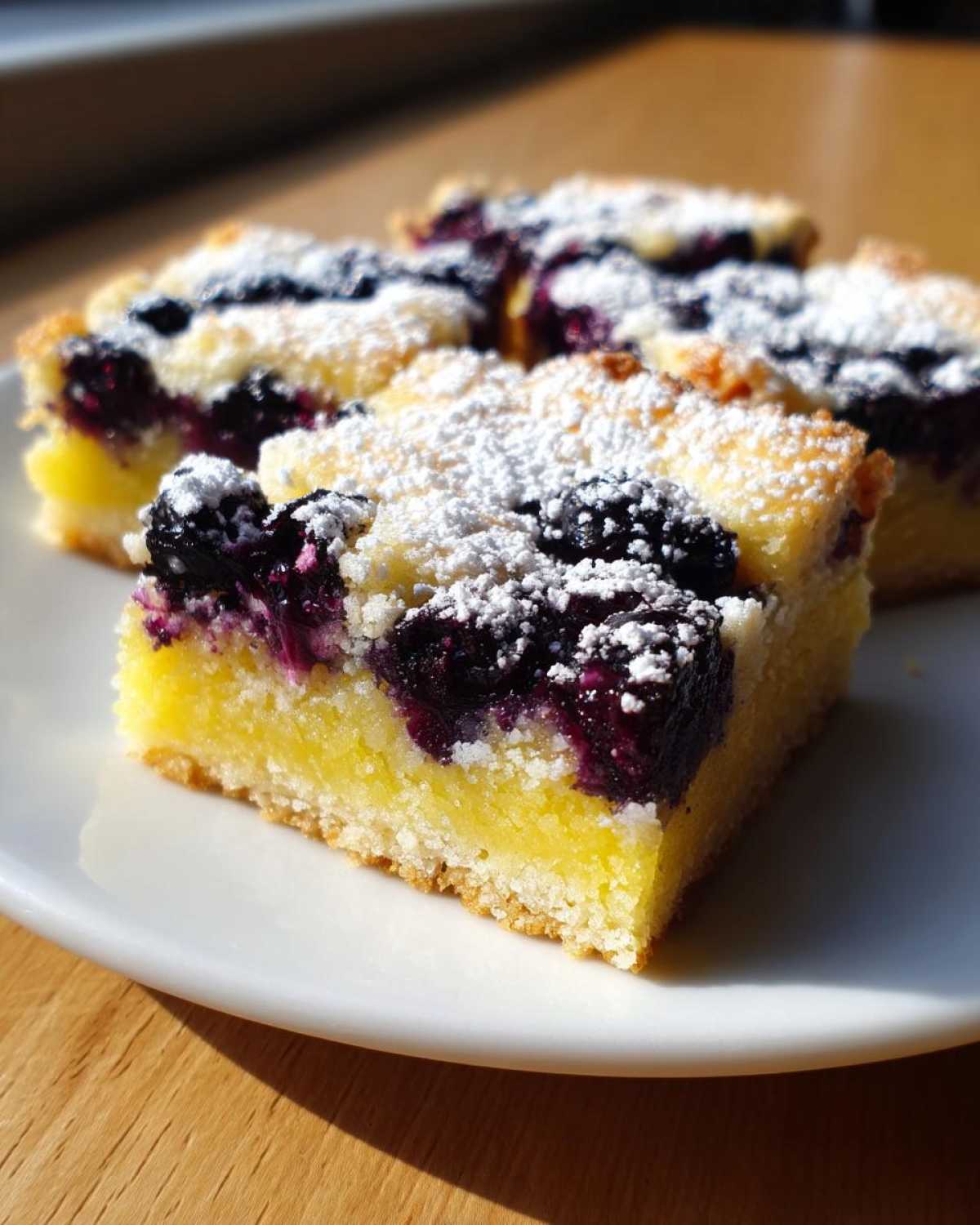 Four squares of rich, bright yellow Blueberry Lemon Pie Bars topped with dark blueberries and dusted with powdered sugar.