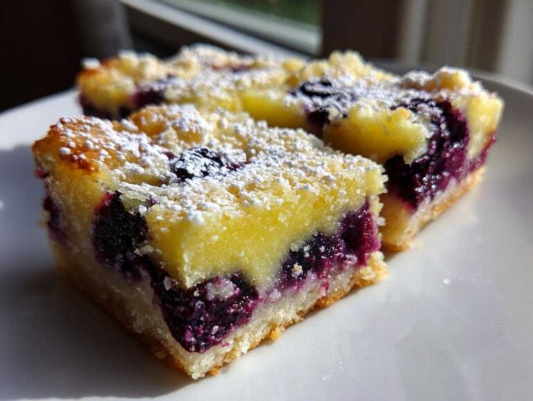 Close-up of two decadent Blueberry Lemon Pie Bars dusted with powdered sugar on a white plate.