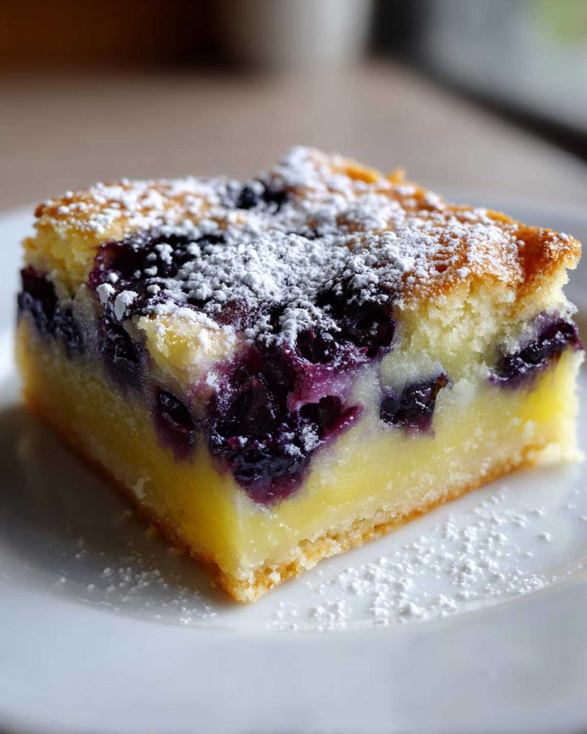 A close-up of a square Blueberry Lemon Pie Bars slice topped with powdered sugar on a white plate.