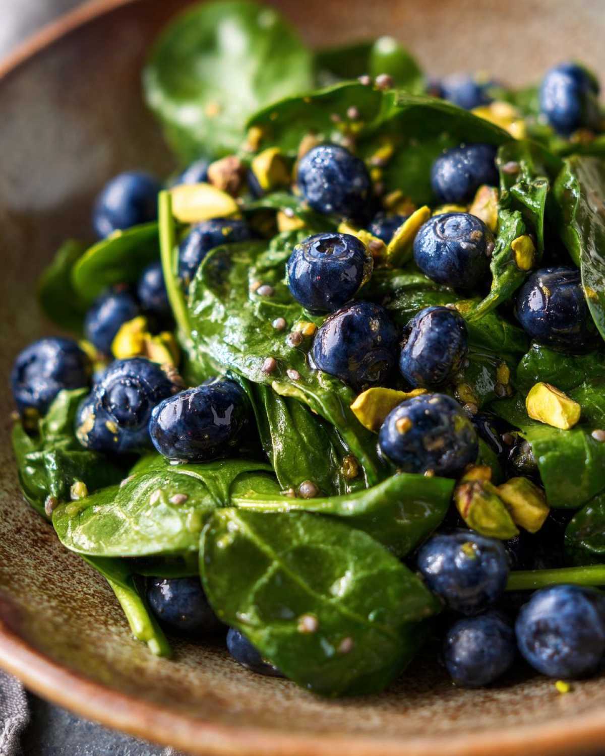 Close-up of fresh spinach leaves tossed with bright blueberries and chopped pistachios for the Blueberry Pistachio Spring Salad Recipe.