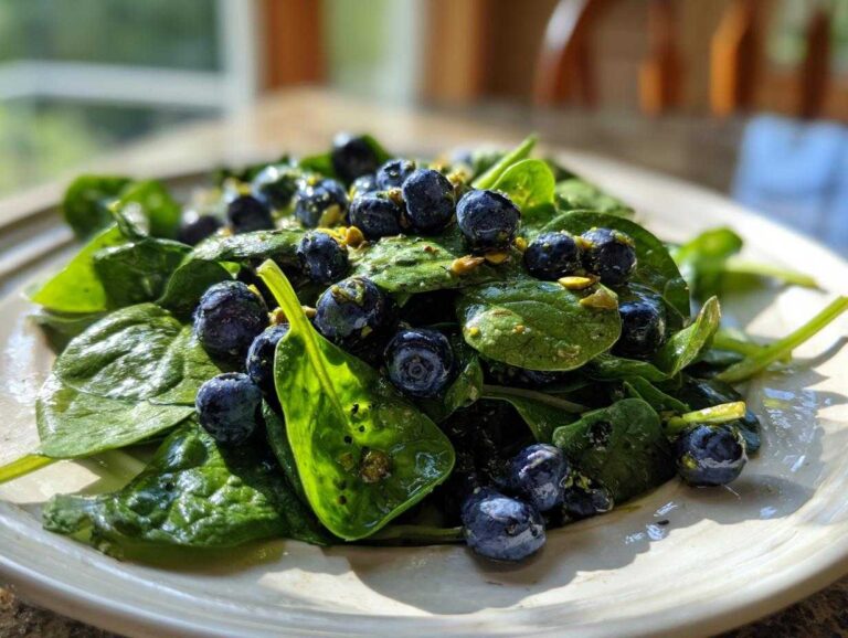 Close-up of a vibrant Blueberry Pistachio Spring Salad featuring fresh spinach, plump blueberries, and chopped pistachios.