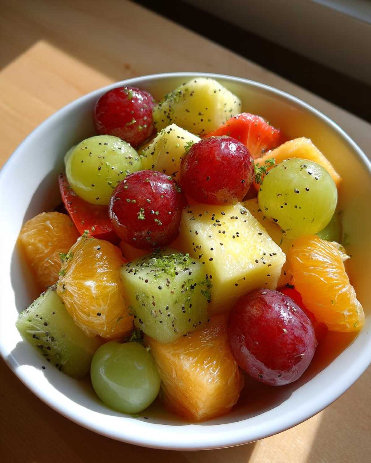 Close-up of a white bowl filled with colorful Boat Snacks: Fresh Fruit Salad, featuring grapes, kiwi, pineapple, and orange segments.