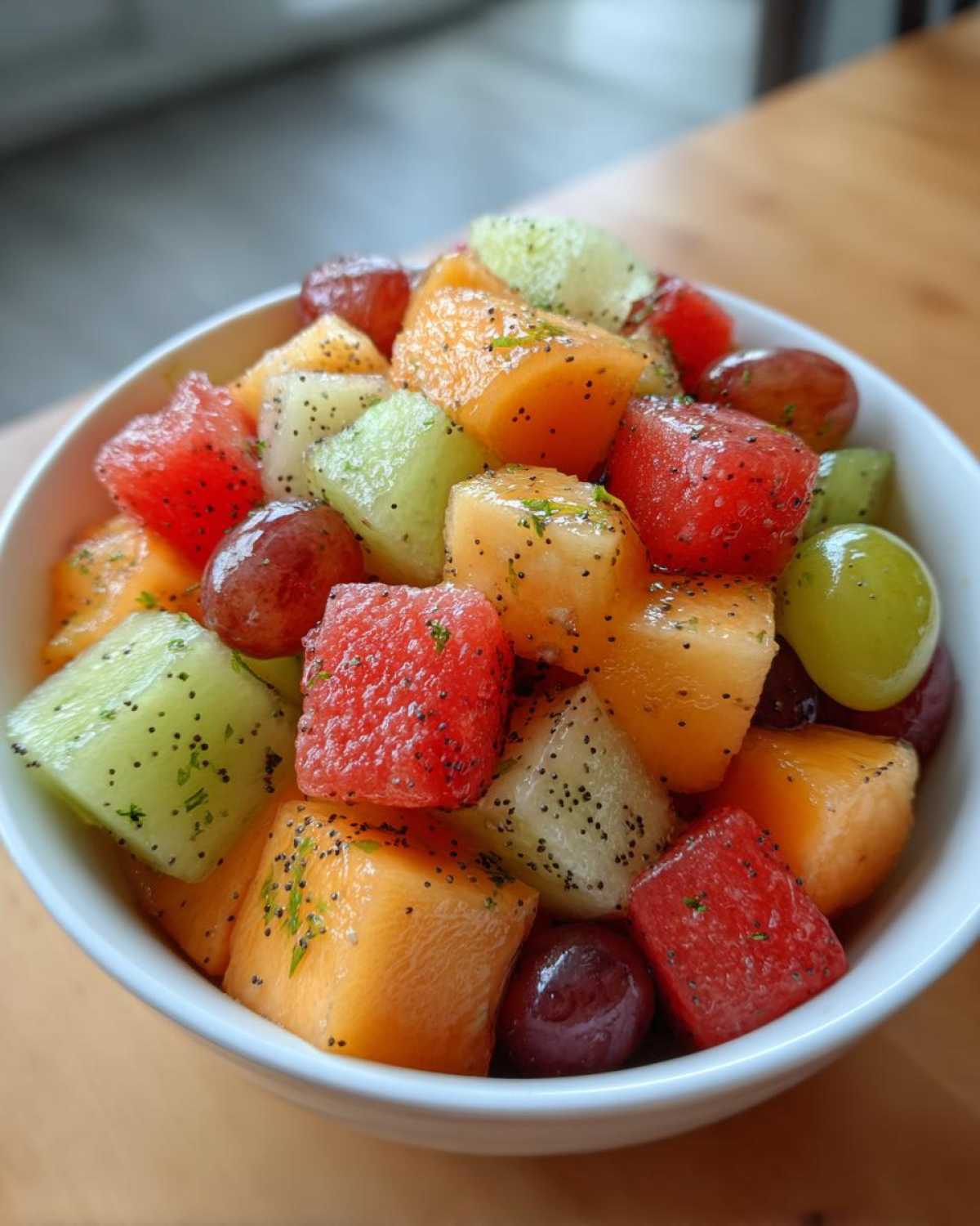 Close-up of a bowl of fresh fruit salad with melon, watermelon, and grapes, topped with poppy seeds.