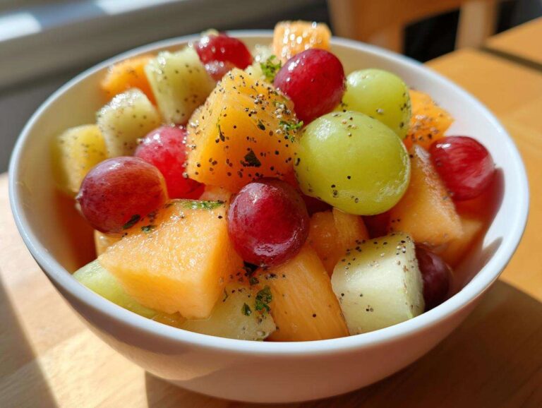 Amazing Boat Snacks: Fresh Fruit Salad Secret Close-up of a vibrant bowl of Fresh Fruit Salad featuring cantaloupe, kiwi, and red and green grapes sprinkled with poppy seeds.